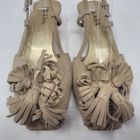 Prada Sandals IT36 US6 Tan Brown Suede Kitten Tassels Peep Toe Slingback Dainty - Picture 4 of 13